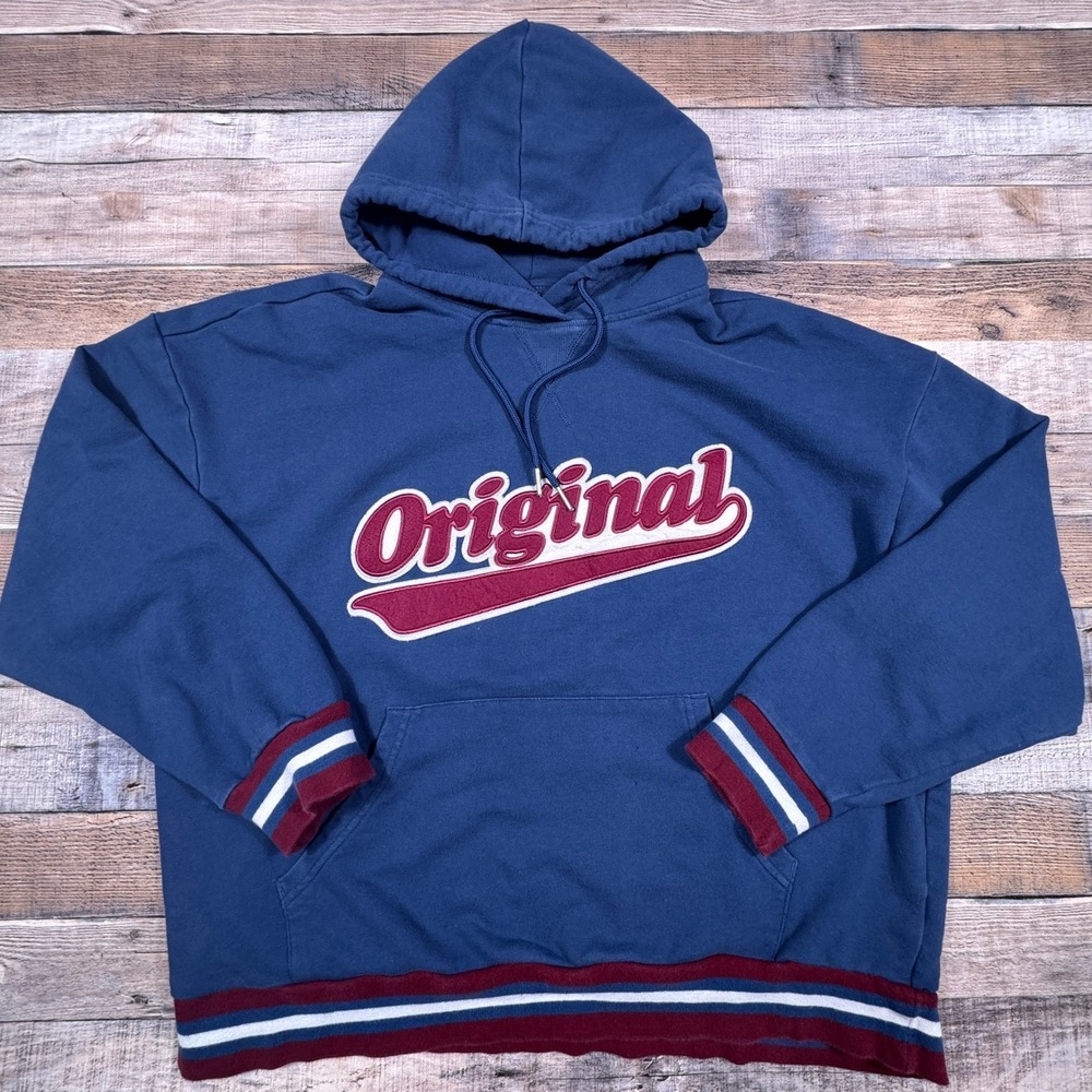 Original Use Mens Hoodie Blue Varsity Graphic Pullover Sweatshirt Large